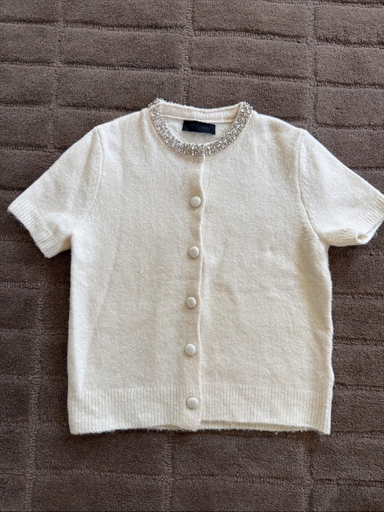 Zara Sweaters - Zara Cream Jeweled-Collar Short-Sleeve Cardigan